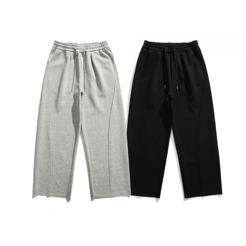 Unisex Loose Cotton Fleece Jogging Pants with Drawstring, Decorative Front Seams and Raw Hem Chichicherry
