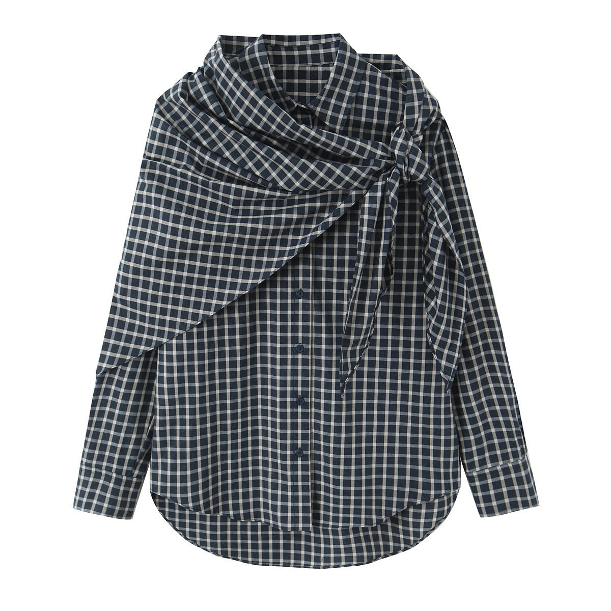 Women Checked Blouse Shirt with Asymmetrical Scarf Detail Chichicherry