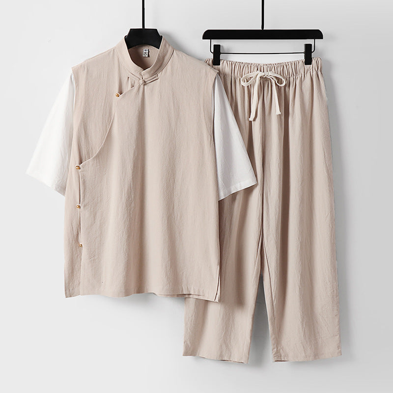 Men's Asymmetrical Kimono Loungewear Set with Stand Collar and Drawstring Pants Chichicherry