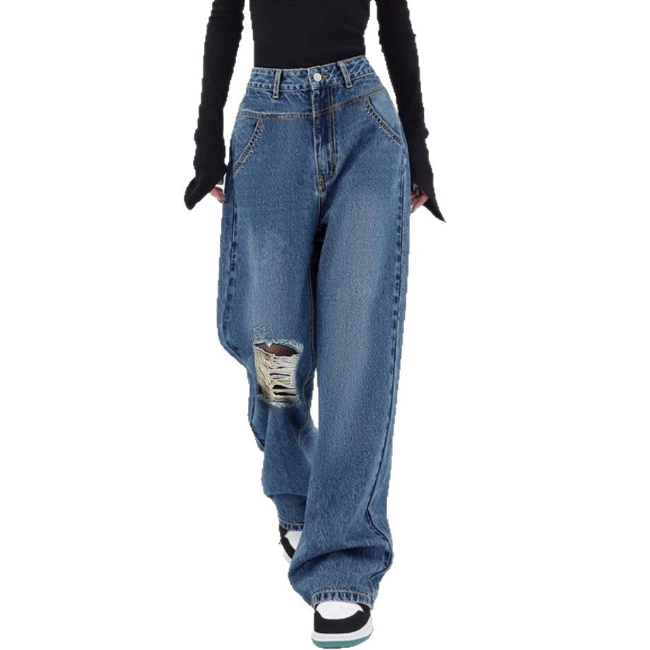 Women high-waisted oversized baggy jeans with knee rip and wide leg Chichicherry