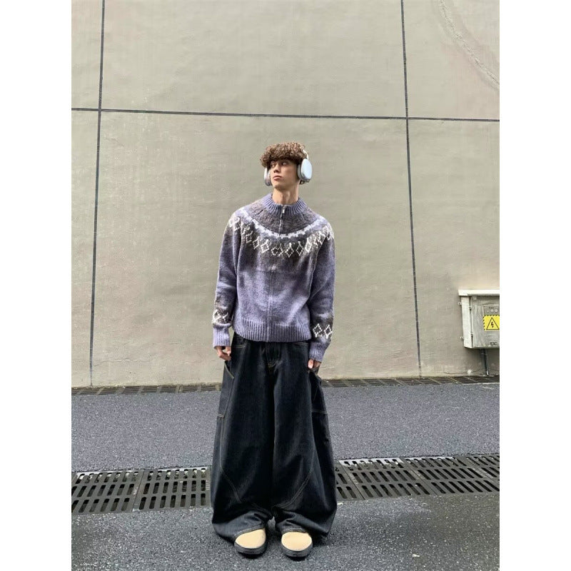 Damen Kurz geschnittene Norweger-Strickjacke mit durchgehendem Reißverschluss und Rundkragen Chichicherry