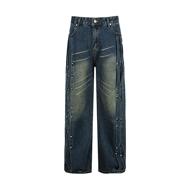 Women's Loose Denim Jeans with Snap Button Side Stripes, High Waist and Used Wash Chichicherry