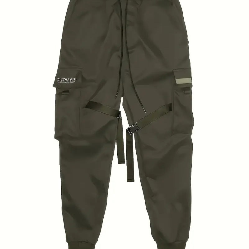 Men's Technical Cargo Jogging Pants with Multiple Pockets, Belt Straps & Elastic Cuffs Chichicherry