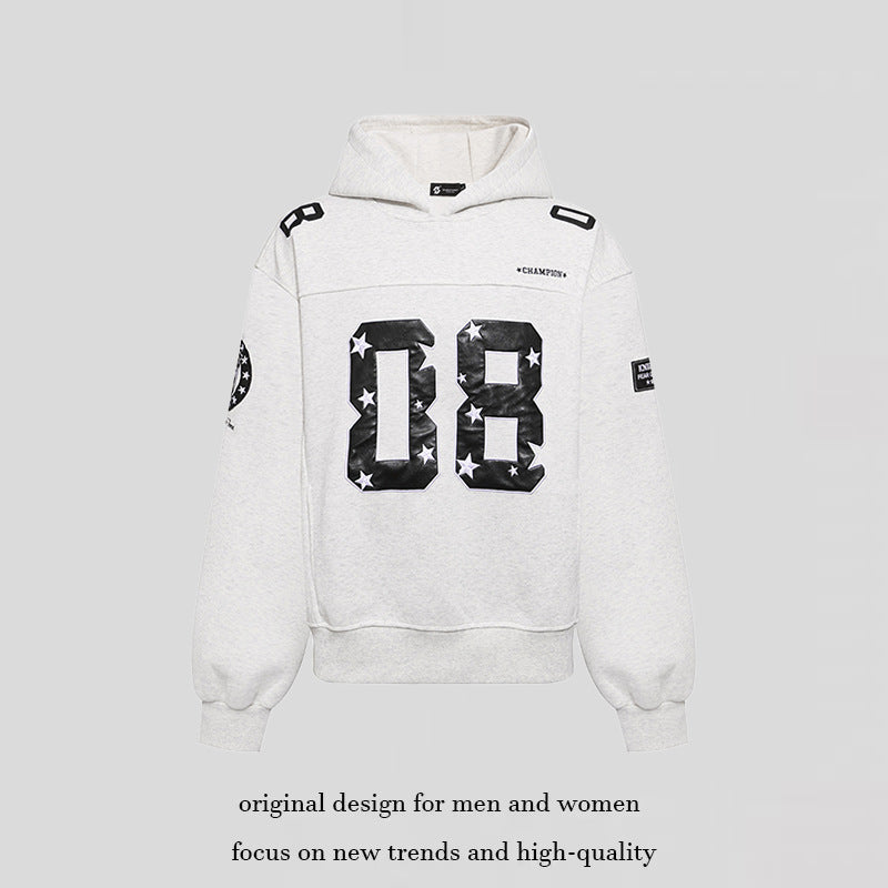 Women's Oversize Hoodie Sweatshirt with Large Number Print and Star Applications Chichicherry