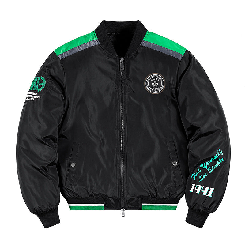 Men's Short Cut Nylon Bomber Jacket with Sporty Shoulder Piping, Logo Applications and Double Zipper Chichicherry