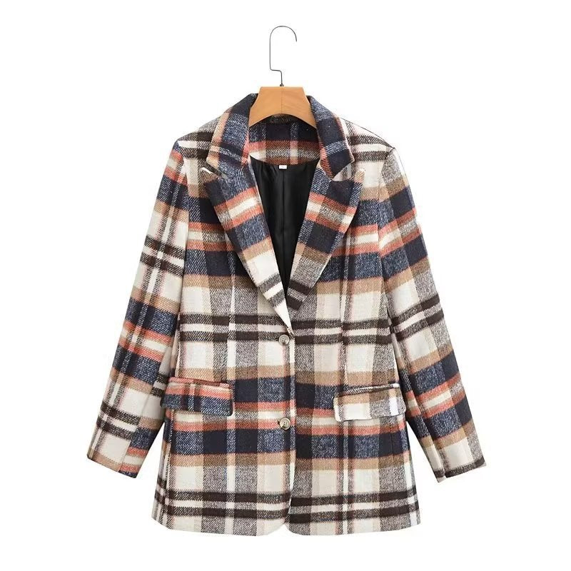 Women's Checked Wool Blend Single-Breasted Blazer with Notch Lapel and Flap Pockets Chichicherry