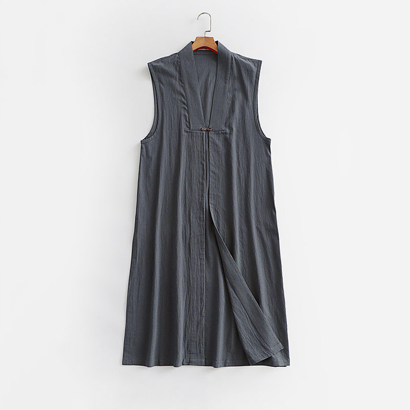 Women's Long Sleeveless Kimono Vest made of Linen Blend with Narrow Shawl Collar and Decorative Toggle Closure Chichicherry