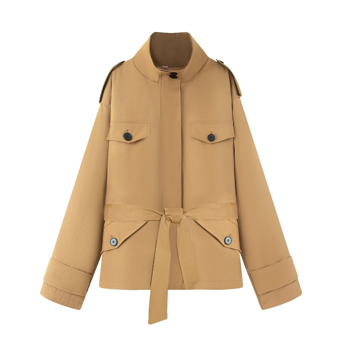 Women's Short Jacket in Utility Style with Waist Belt and Flap Pockets Chichicherry