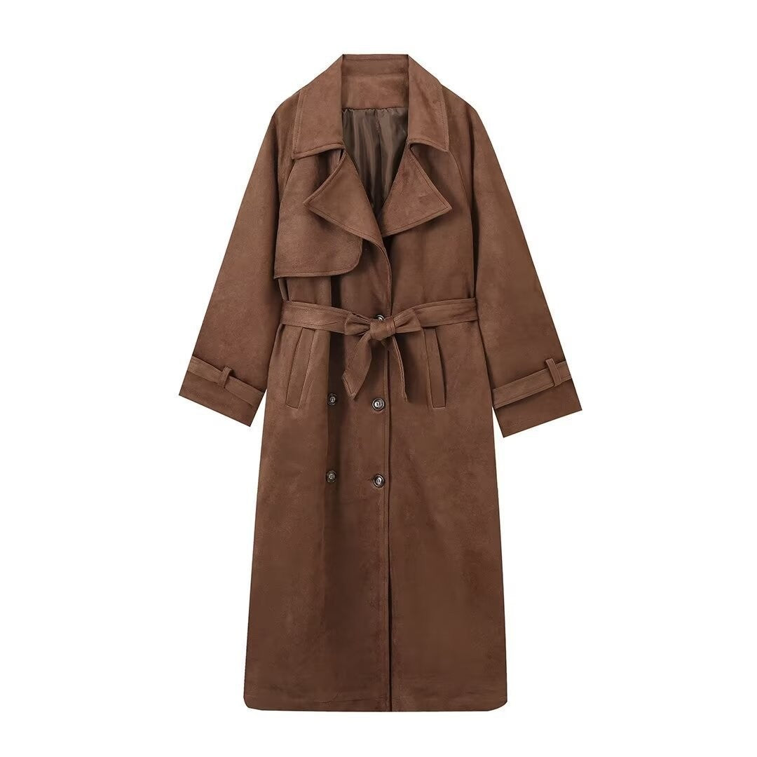 Women's longer suede trench coat with waist belt Chichicherry