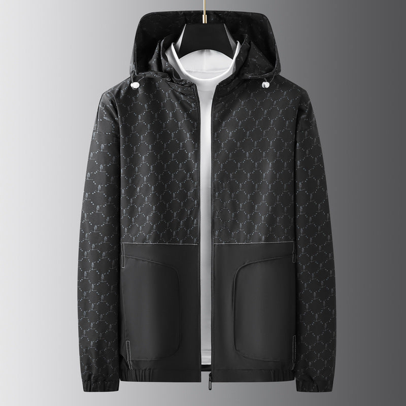 Men's Light Water-Repellent Hooded Outdoor Jacket with Allover Pattern and Large Pockets Chichicherry