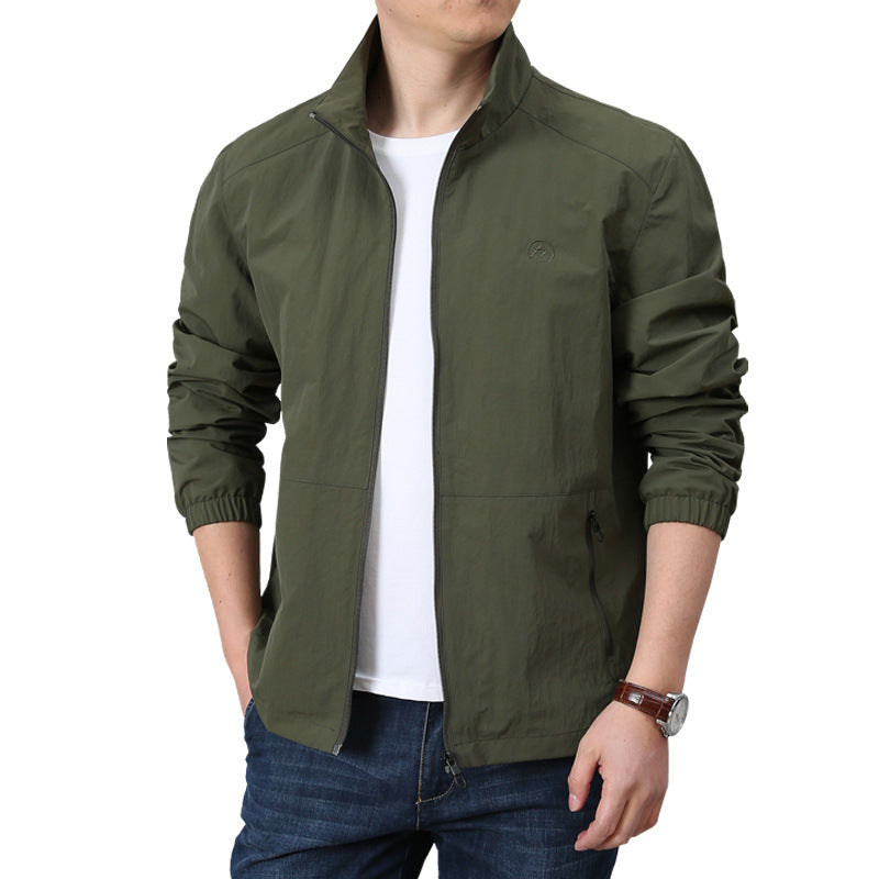 Men's Lightweight Wind Jacket with Stand Collar, Elastic Cuffs and Concealed Zipper Chichicherry
