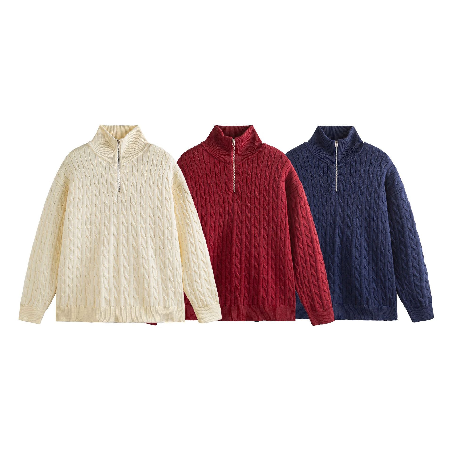 Unisex Thick Knit Cable Pattern Sweater with Half Zip and High Ribbed Collar Chichicherry