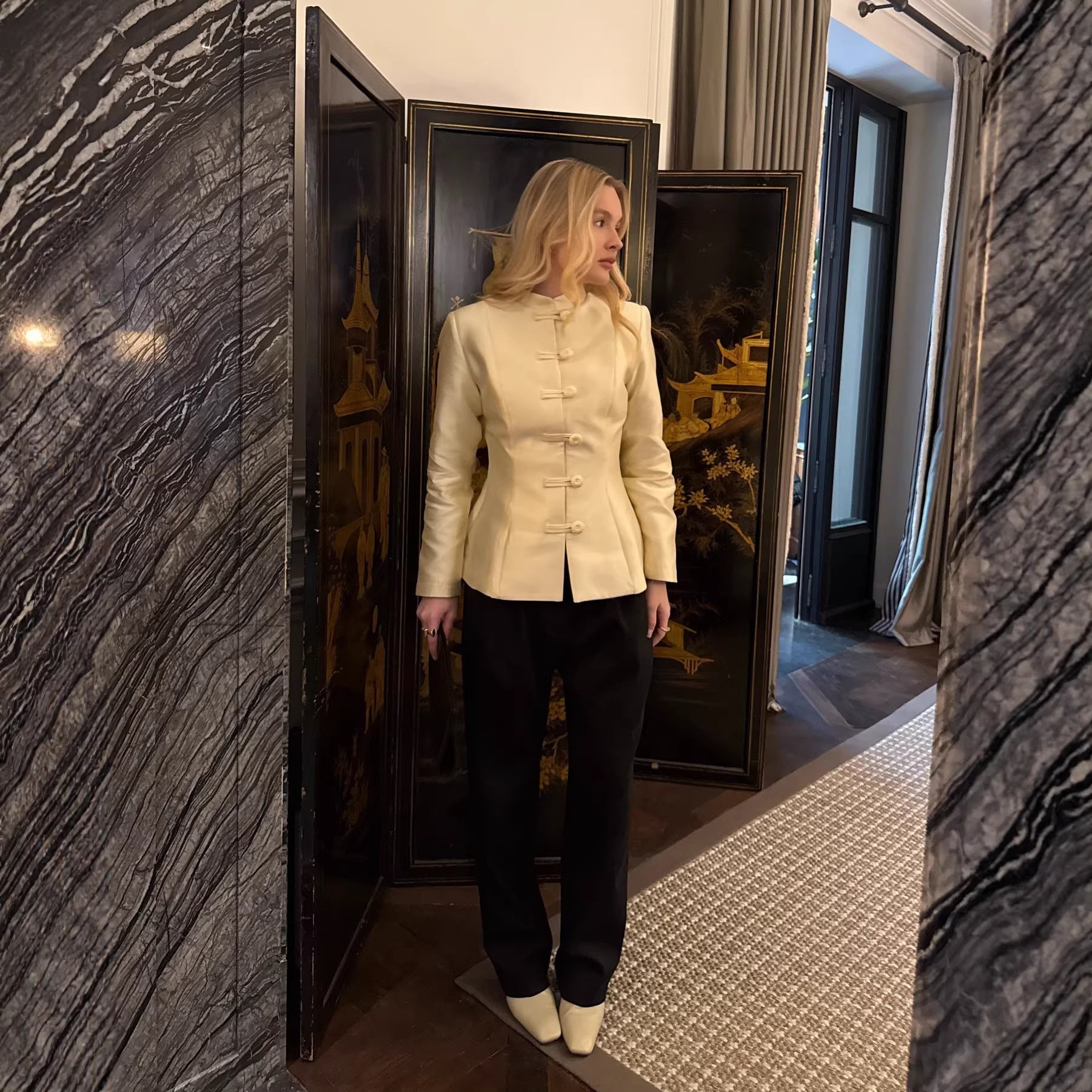 Women's Tailored Satin Blazer with Stand Collar, Decorative Cord Buttons and Peplum Chichicherry