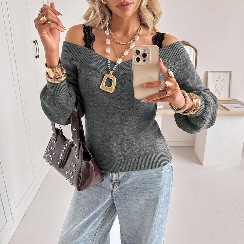 Women's Off-Shoulder V-Neck Fine Knit Sweater with Lace Strap Look and Balloon Sleeves Chichicherry