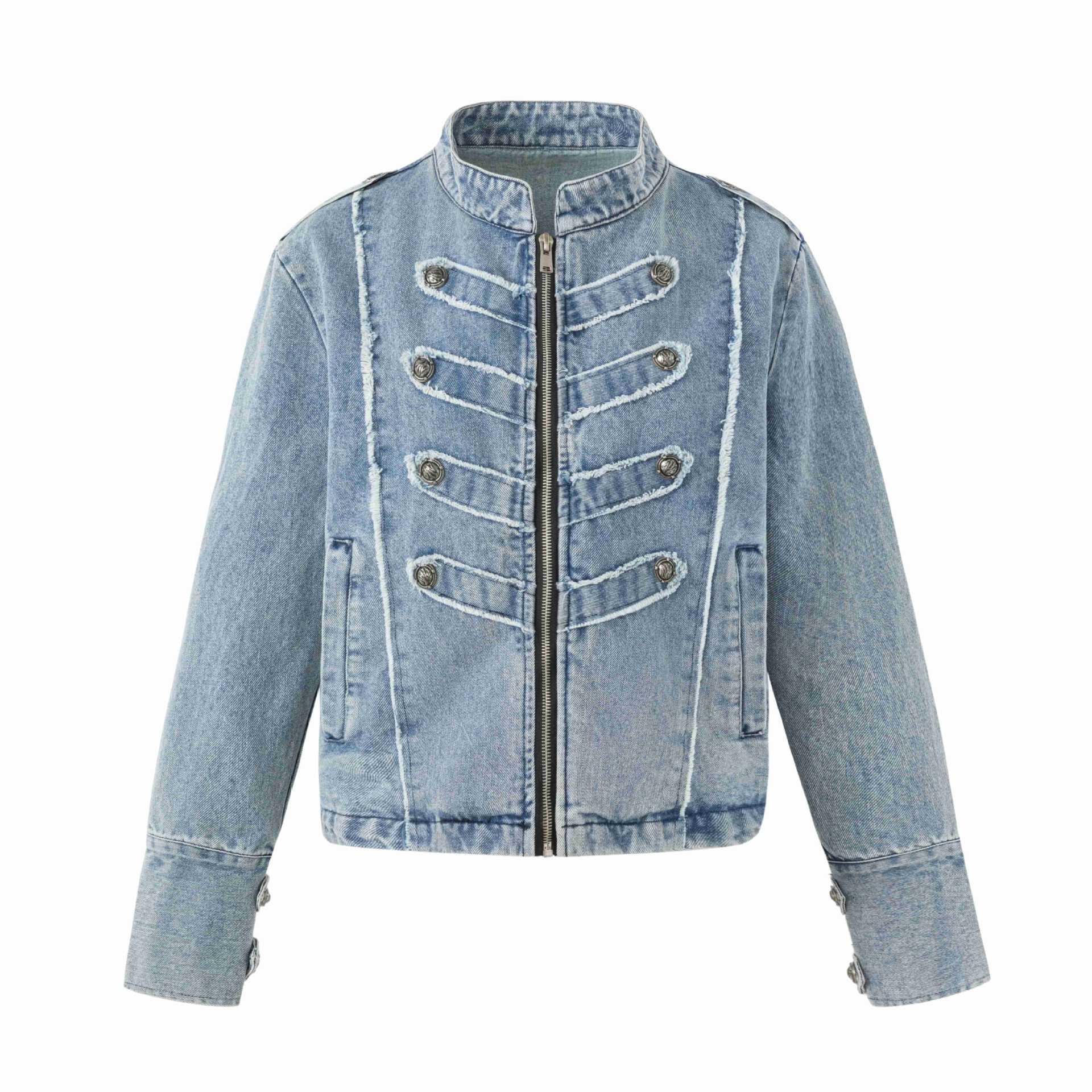 Women's denim blouson in military look with standing collar and decorative button placket Chichicherry