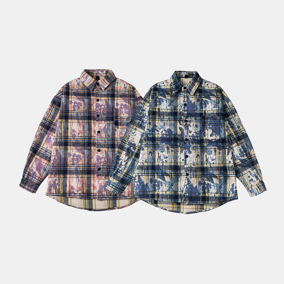 Unisex Overshirt Shirt Jacket in checked cotton blend with artistic paint effect Chichicherry