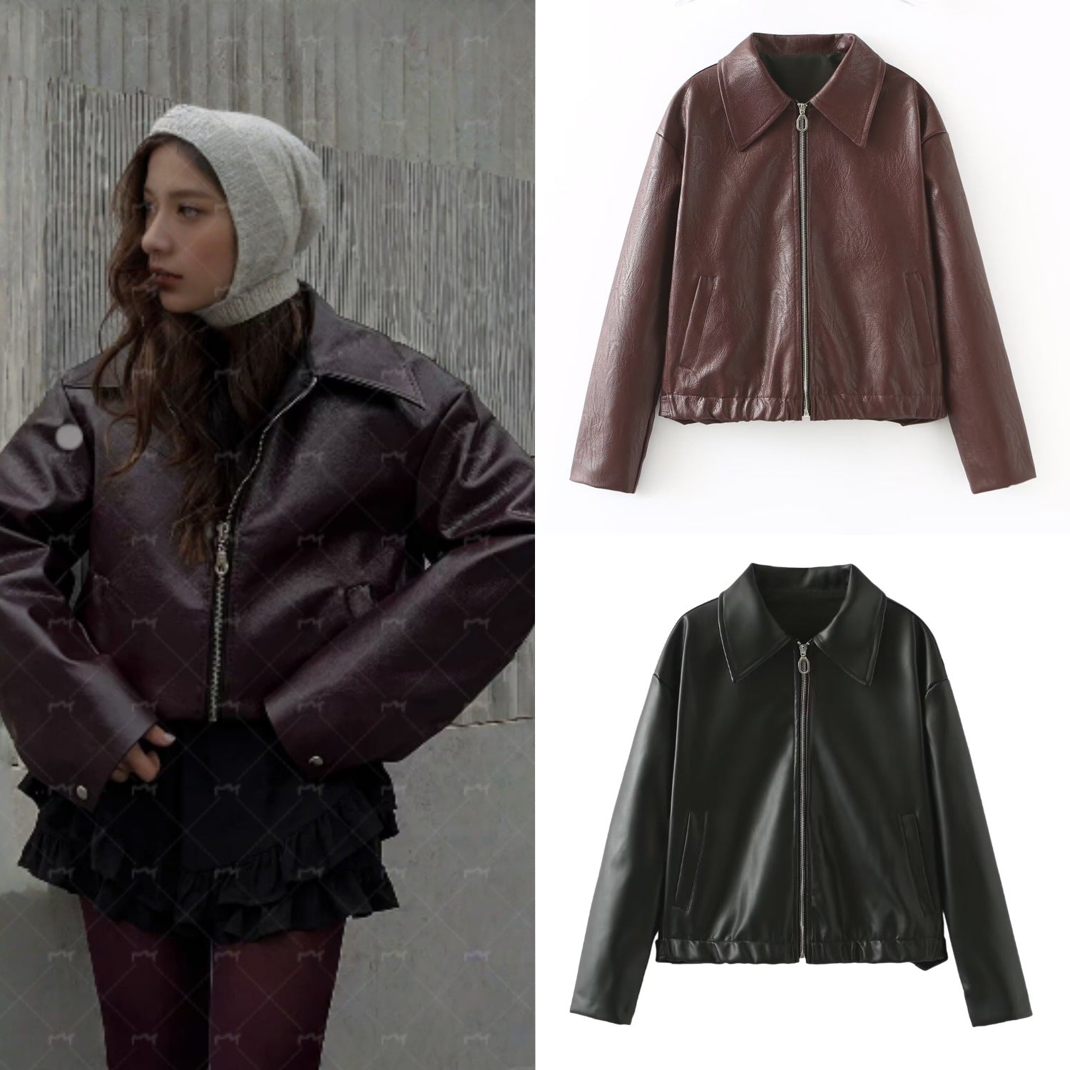Women Short Oversized Leather Look Jacket with Zipper, Hem Band and Kent Collar Chichicherry