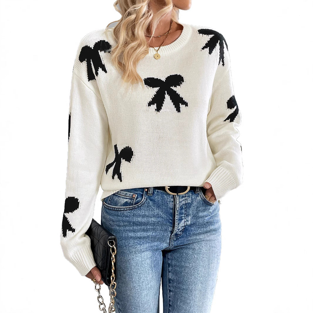 Women's Knitted Crew Neck Sweater with Bow Jacquard and Relaxed Fit Chichicherry
