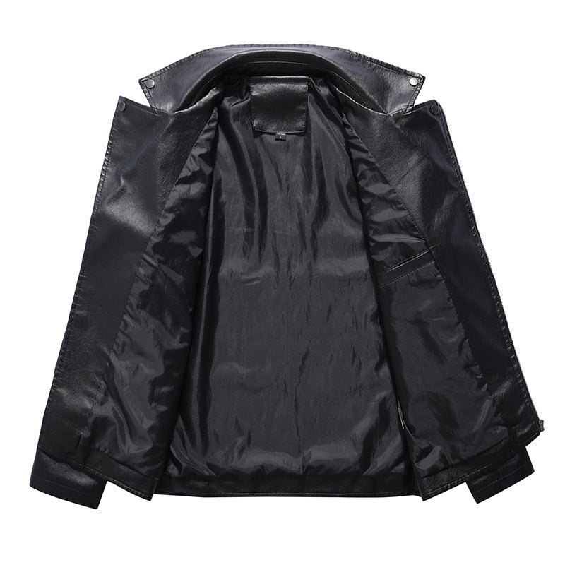 Men's Slim Fit Faux Leather Biker Jacket with Quilted Arm Panels and Lapel Collar Chichicherry