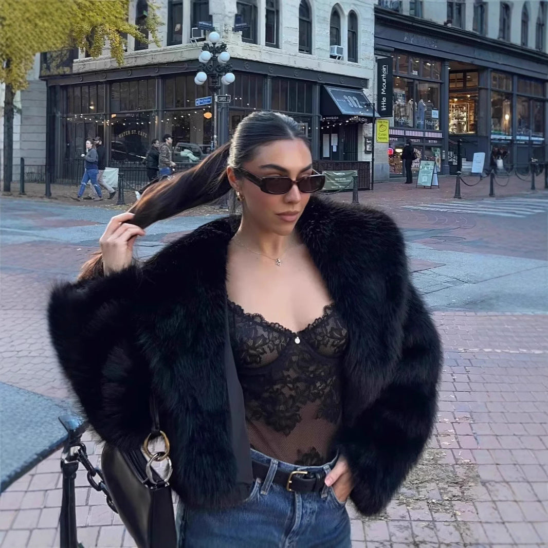 Ladies Short Cropped Faux Fur Jacket with Voluminous Shawl Collar Chichicherry