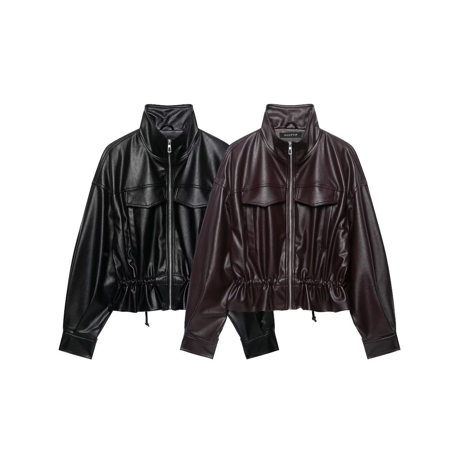 Women's cropped faux leather bomber jacket with drawstring waist Chichicherry