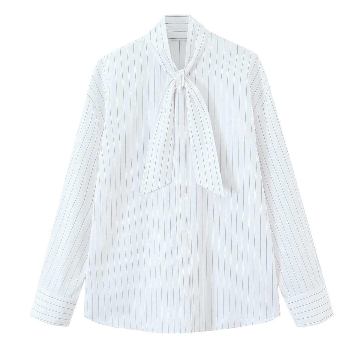 Women Bow Collar Blouse with Fine Pinstripe and Loose Silhouette Chichicherry