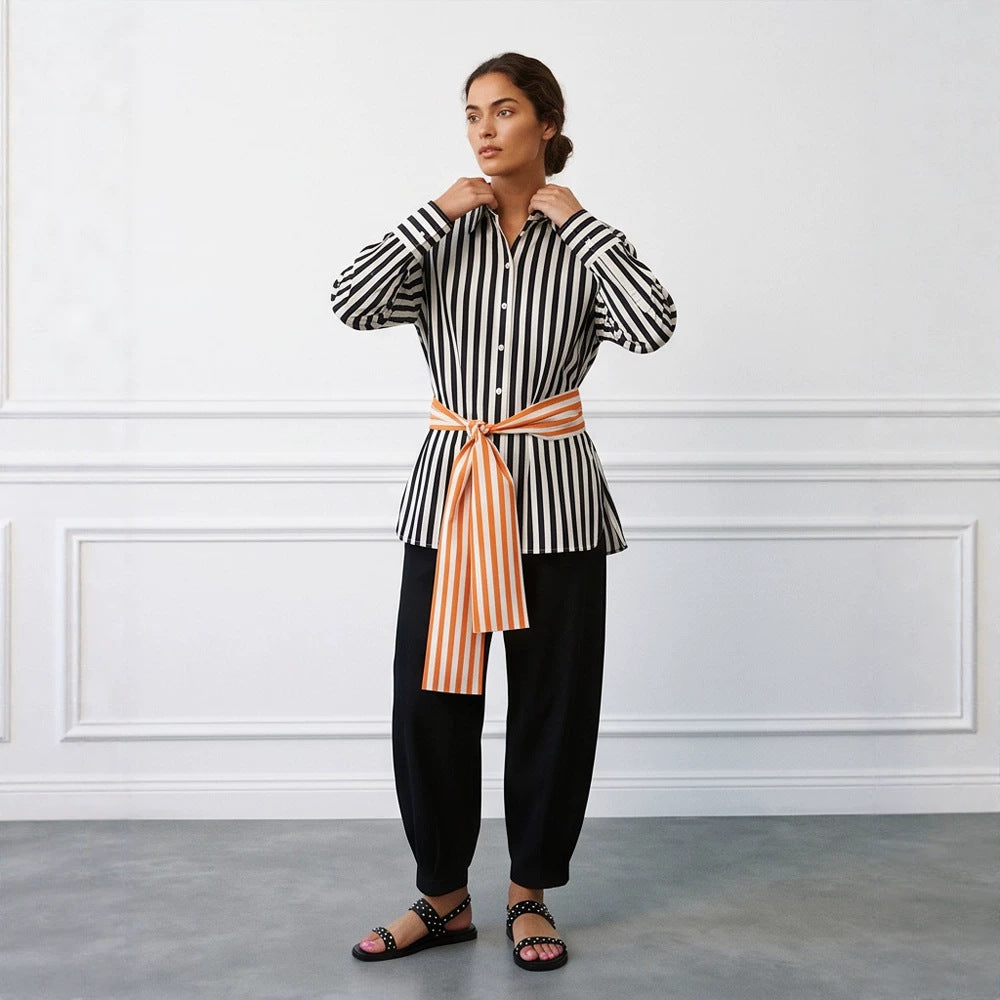 Women Vertical Striped Oversize Shirt Blouse with Boxy Silhouette and Tie Belt Chichicherry