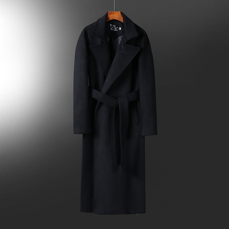 Men's Maxi-length tailored wool blend coat with wide shawl collar and belt Chichicherry