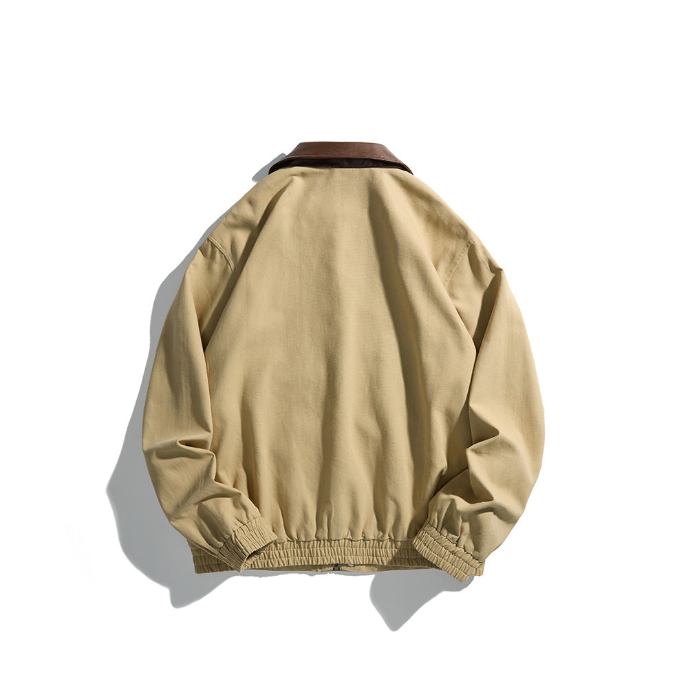 Men's Masculine Boxy Field Blouson with contrasting faux leather collar and concealed snap button placket Chichicherry