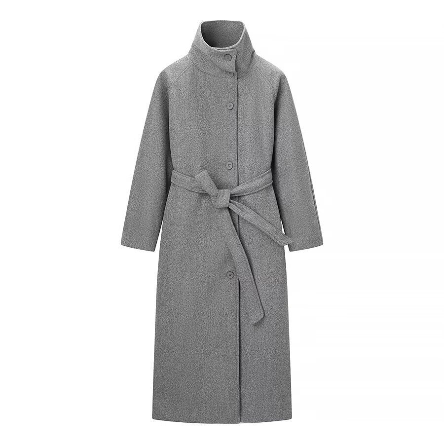Ladies long coat with tie belt and high stand-up collar made of wool mix Chichicherry