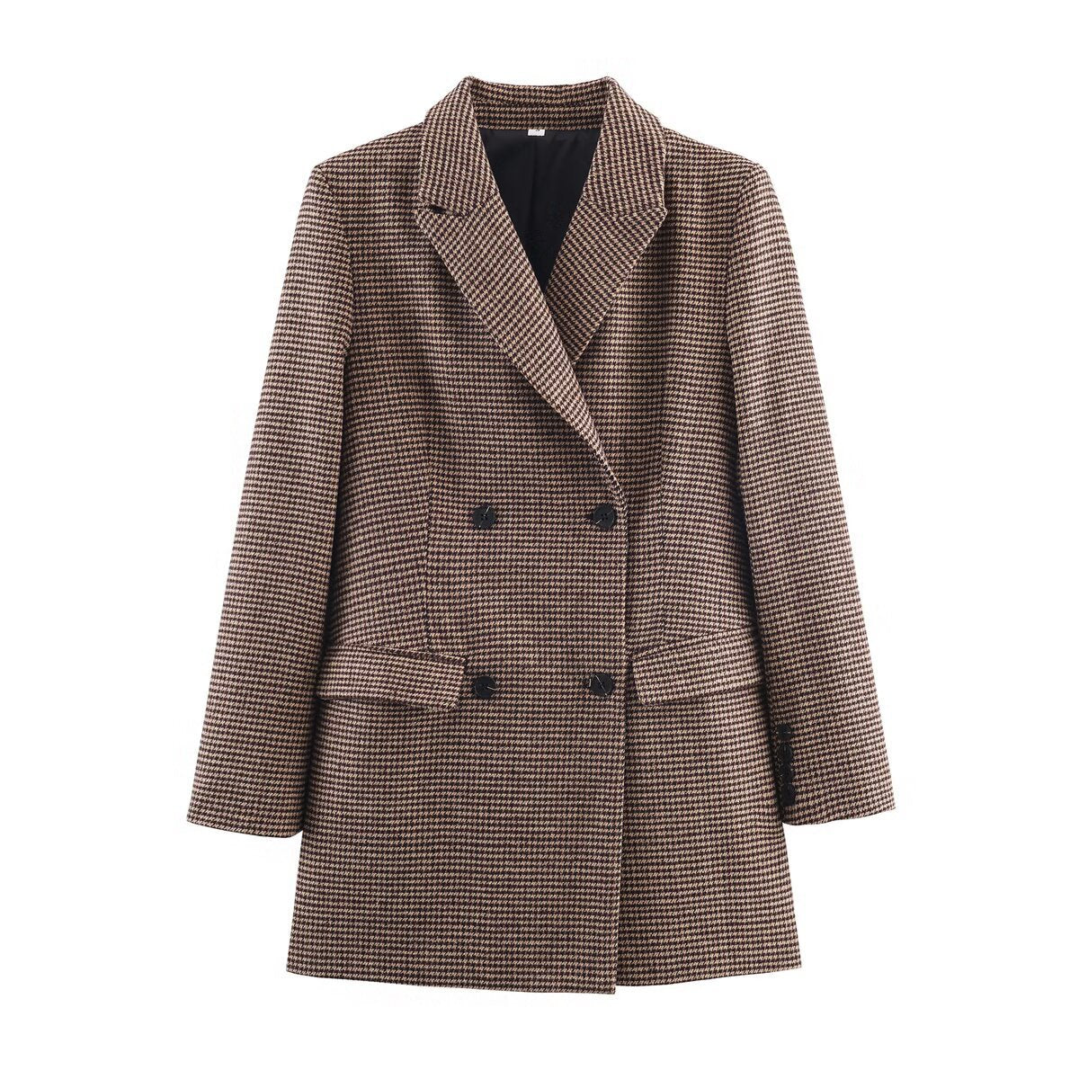 Women's Double-Breasted Houndstooth Blazer with Oversized Cut and Lapel Collar Chichicherry