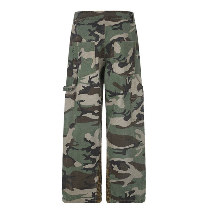 Women's wide cargo pants with camouflage print and leopard contrast stripes Chichicherry