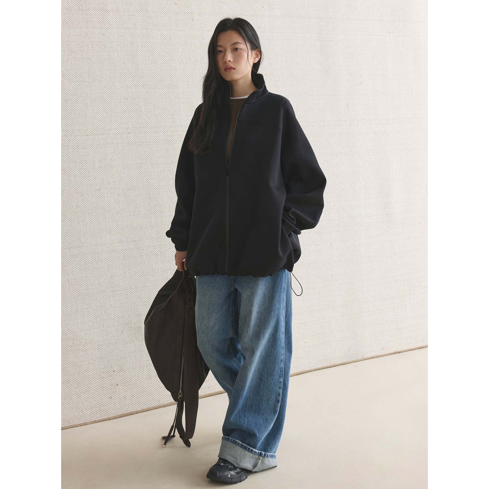 Women Oversize Zip Sweat Jacket with Stand Collar and Balloon Sleeves Chichicherry