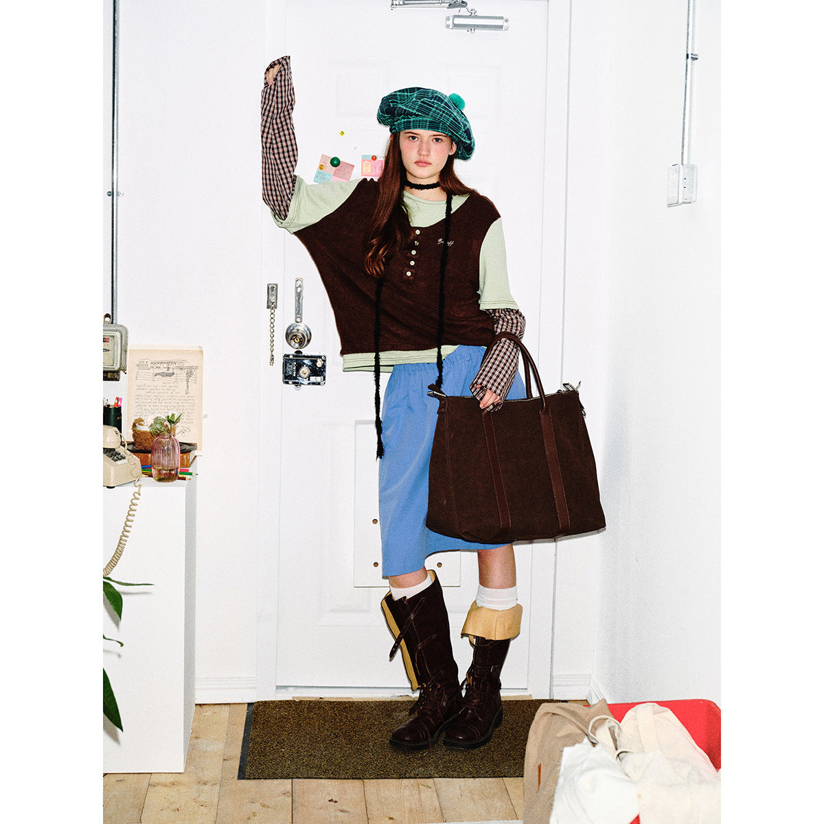 Unisex Layered Look Henley Shirt with contrasting plaid cuffs and short overshirt effect