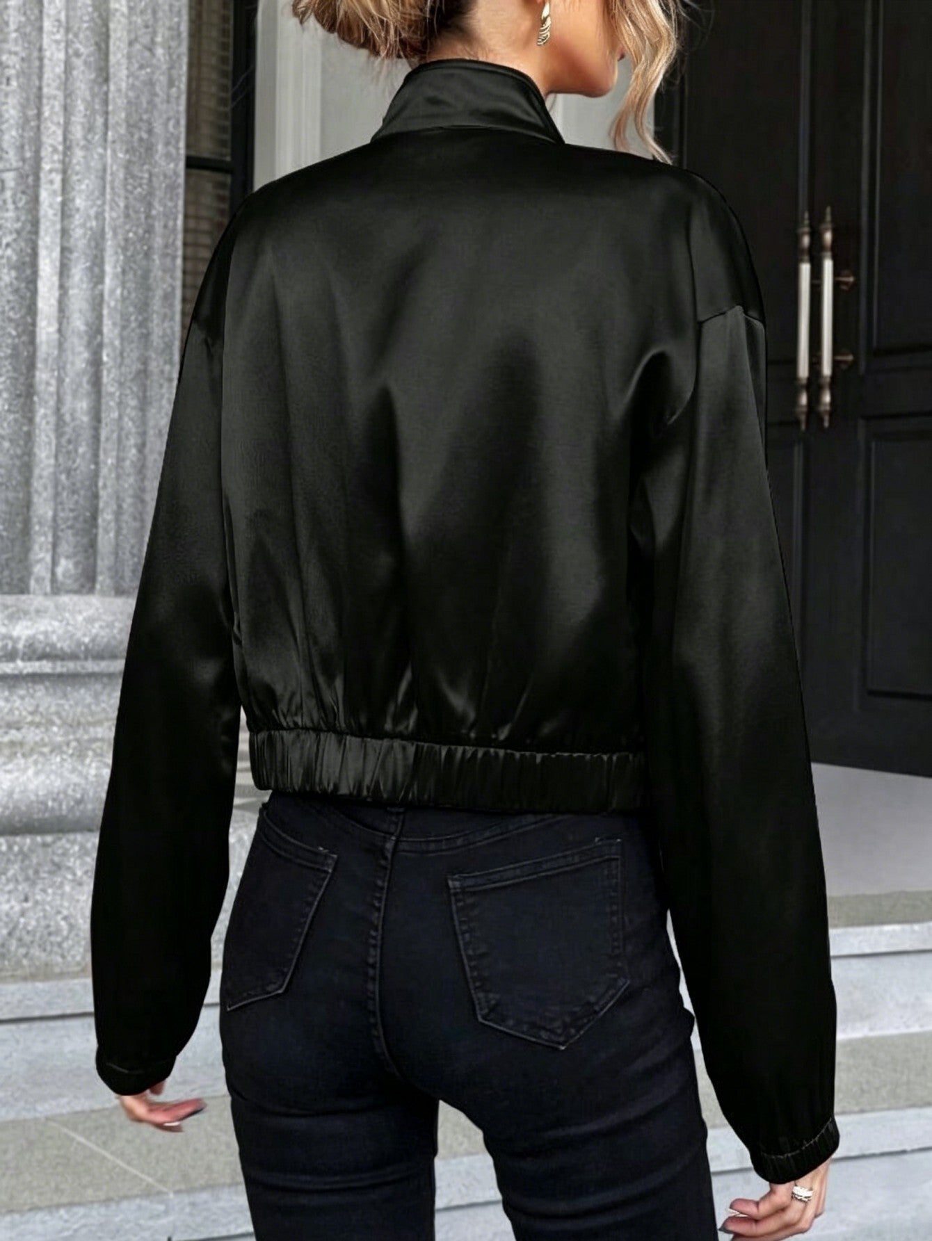Women's Short Satin Bomber Jacket with Stand-up Collar and Zipper