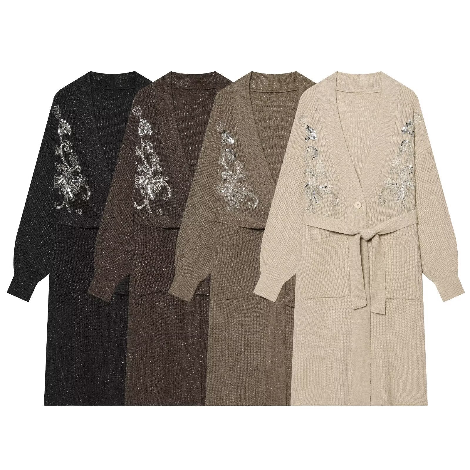 Women's long knit cardigan with waist belt and sequin embroidery Chichicherry