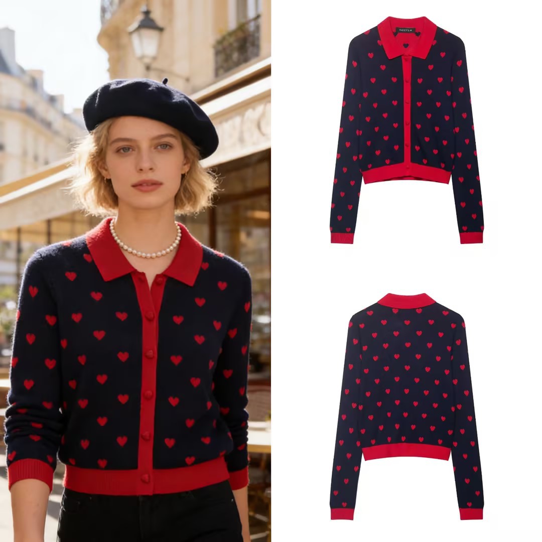 Women Short-Cut Cardigan with Shirt Collar, Heart Jacquard and Button Placket Chichicherry