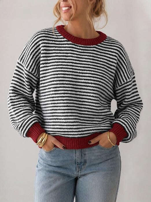 Women's Striped Rib Knit Sweater with Contrast Cuffs Chichicherry