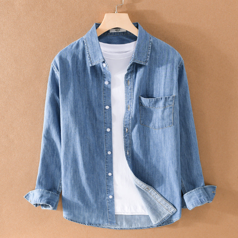 Men Washed Denim Overshirt with Flap Pocket, Relaxed Fit and Soft Touch Chichicherry