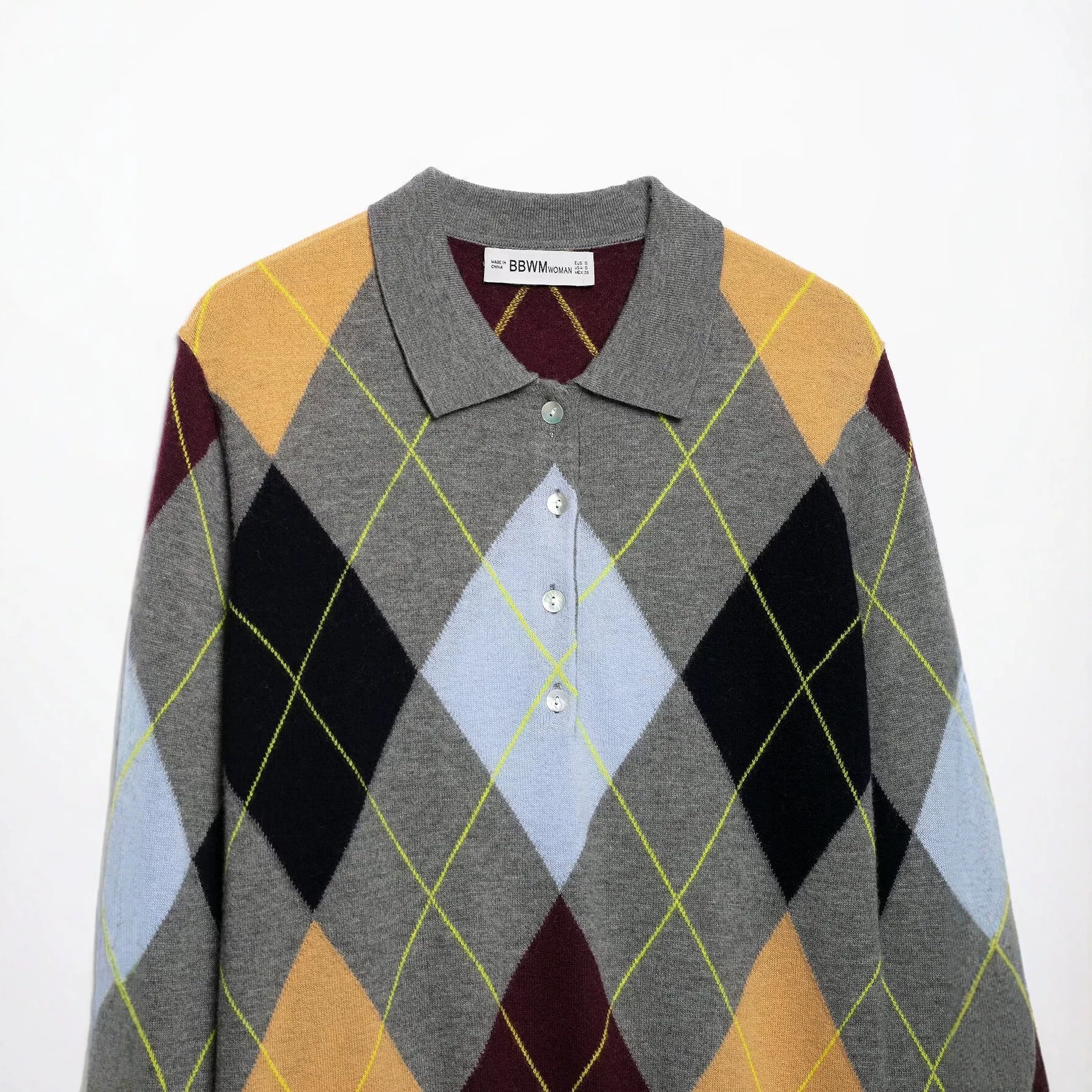 Women's pullover with polo collar and argyle jacquard pattern Chichicherry