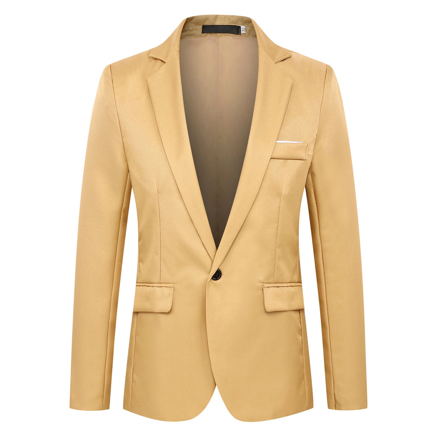 Men's fitted single-breasted satin blazer with single-button closure and shawl collar look Chichicherry