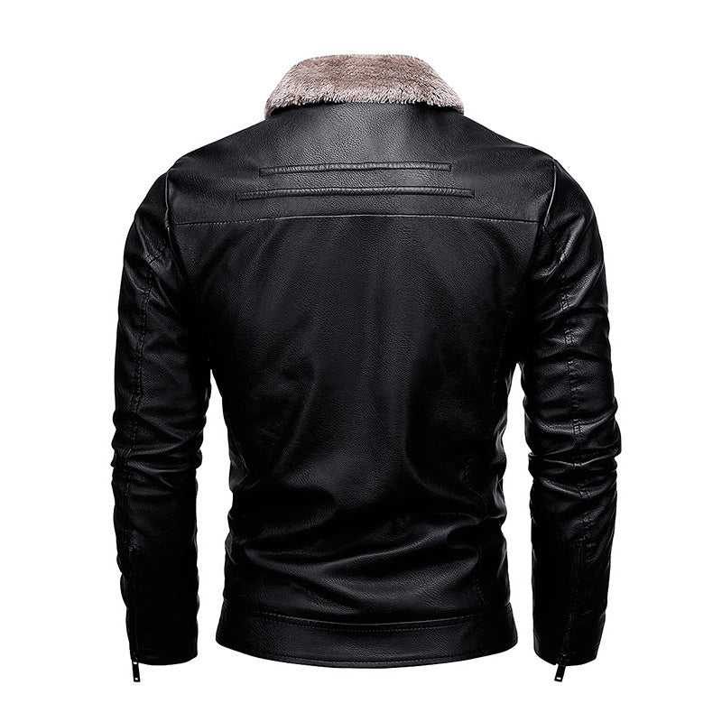 Men's Faux Leather Bomber Jacket with Warming Sherpa Lining and Revere Collar Chichicherry
