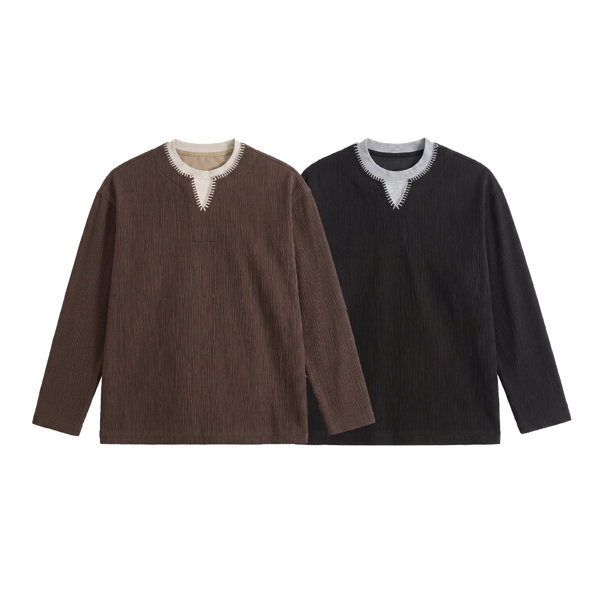 Men's Textured Sweatshirt Pullover with Layered Collar and Decorative Decorative Seam Chichicherry