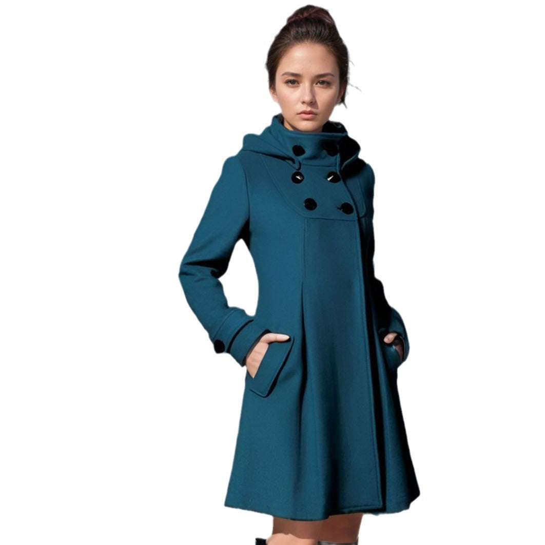 Women Tailored Wool Blend Coat with High Stand-Up Collar and A-Line Silhouette Chichicherry