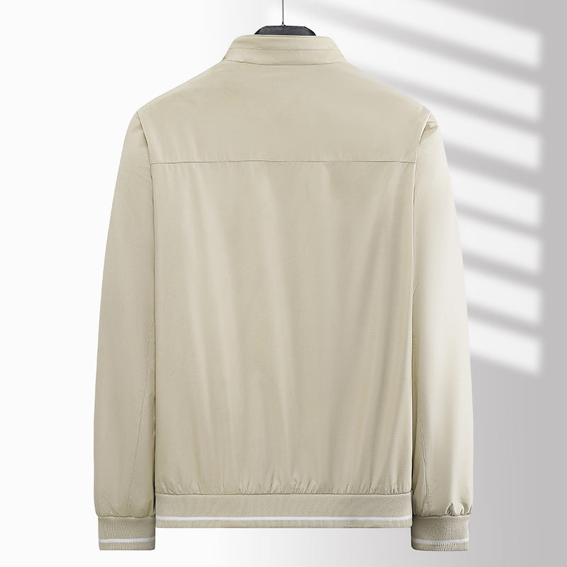 Men's Lightweight Minimalist Bomber Jacket with Stand Collar, Two-Way Zipper and Ribbed Cuffs