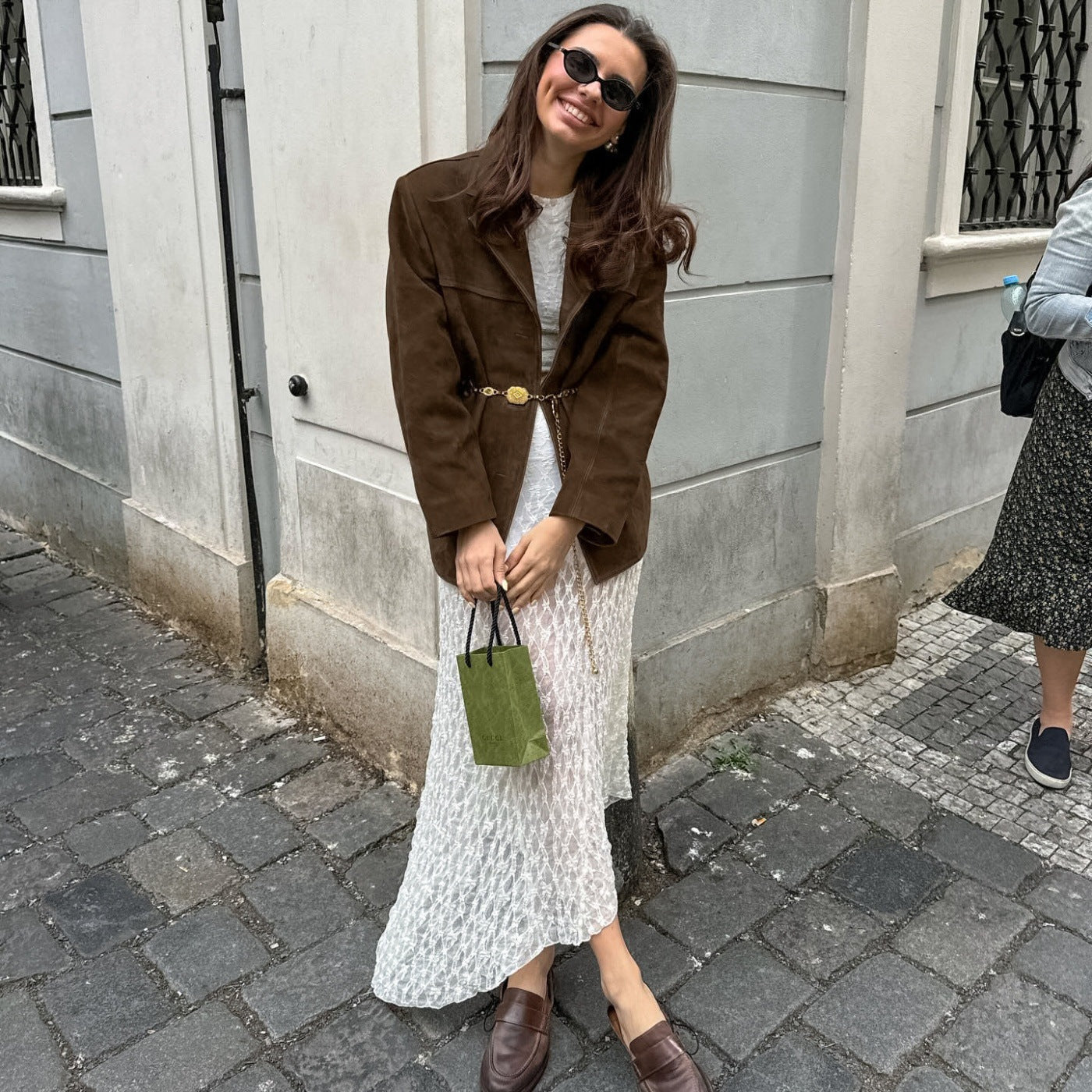 Women's Oversized Suede Blazer with Lapel Collar and Flap Pockets Chichicherry