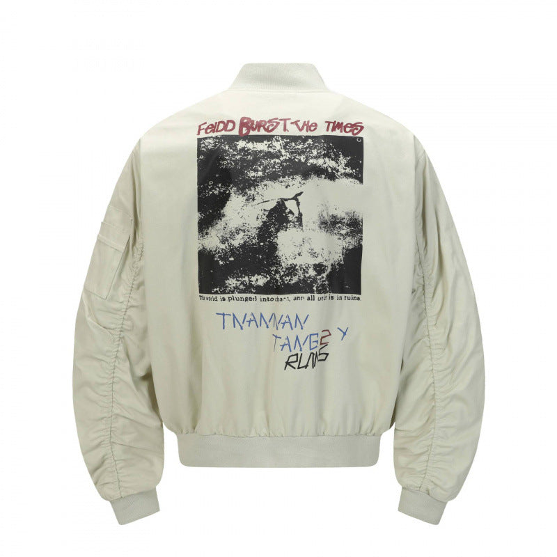 Unisex Short Cut Boxy Bomber Jacket with Concealed Front Placket and Flap Pockets Chichicherry
