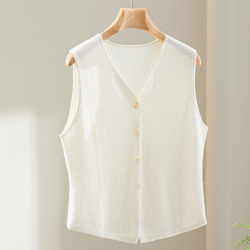 Women's soft fine knit vest with V-neck and continuous button placket Chichicherry