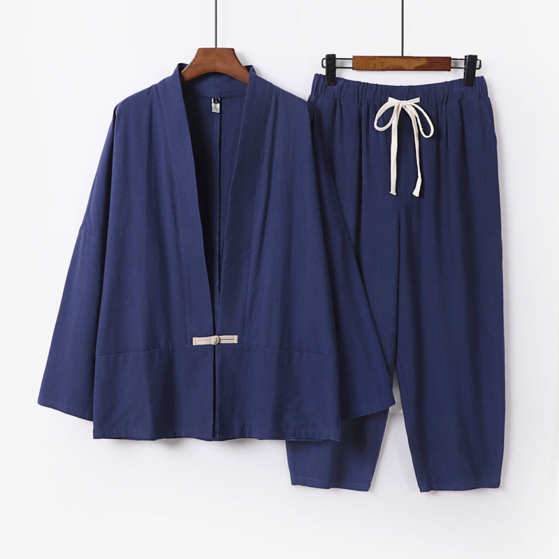 Unisex Casual Kimono Loungewear Set made of lightweight Linen Blend with Drawstring Pants Chichicherry