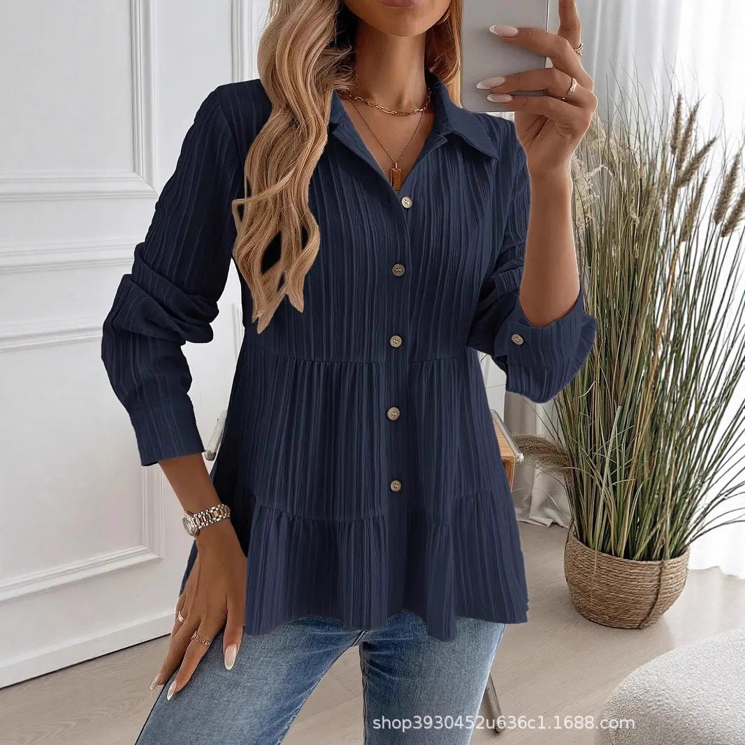 Women's Layered Shirt Blouse Tunic with Collar and Button Placket Chichicherry